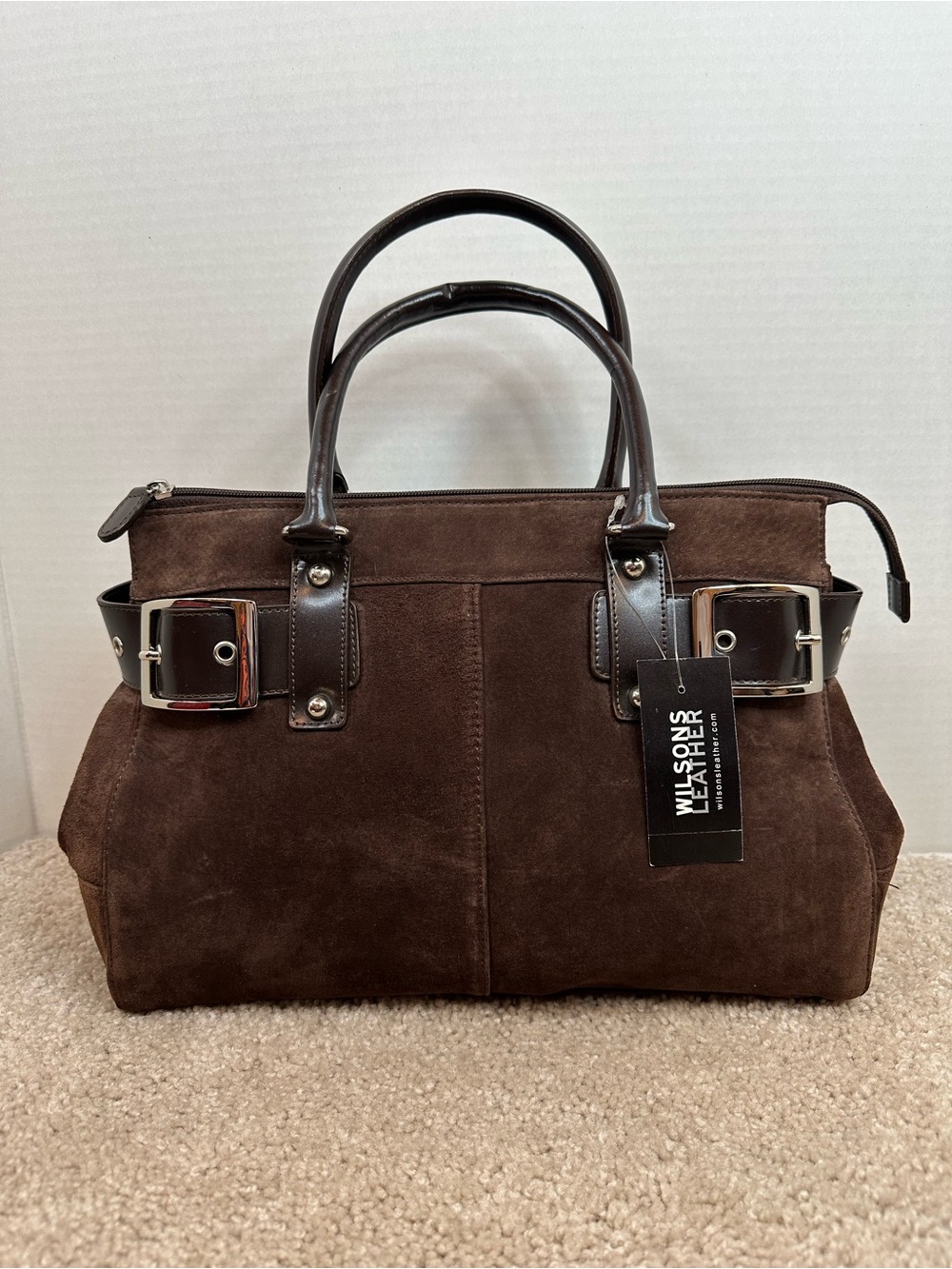 Wilsons Leather Brown Suede Satchel with Dark Trim, about 12x9ins